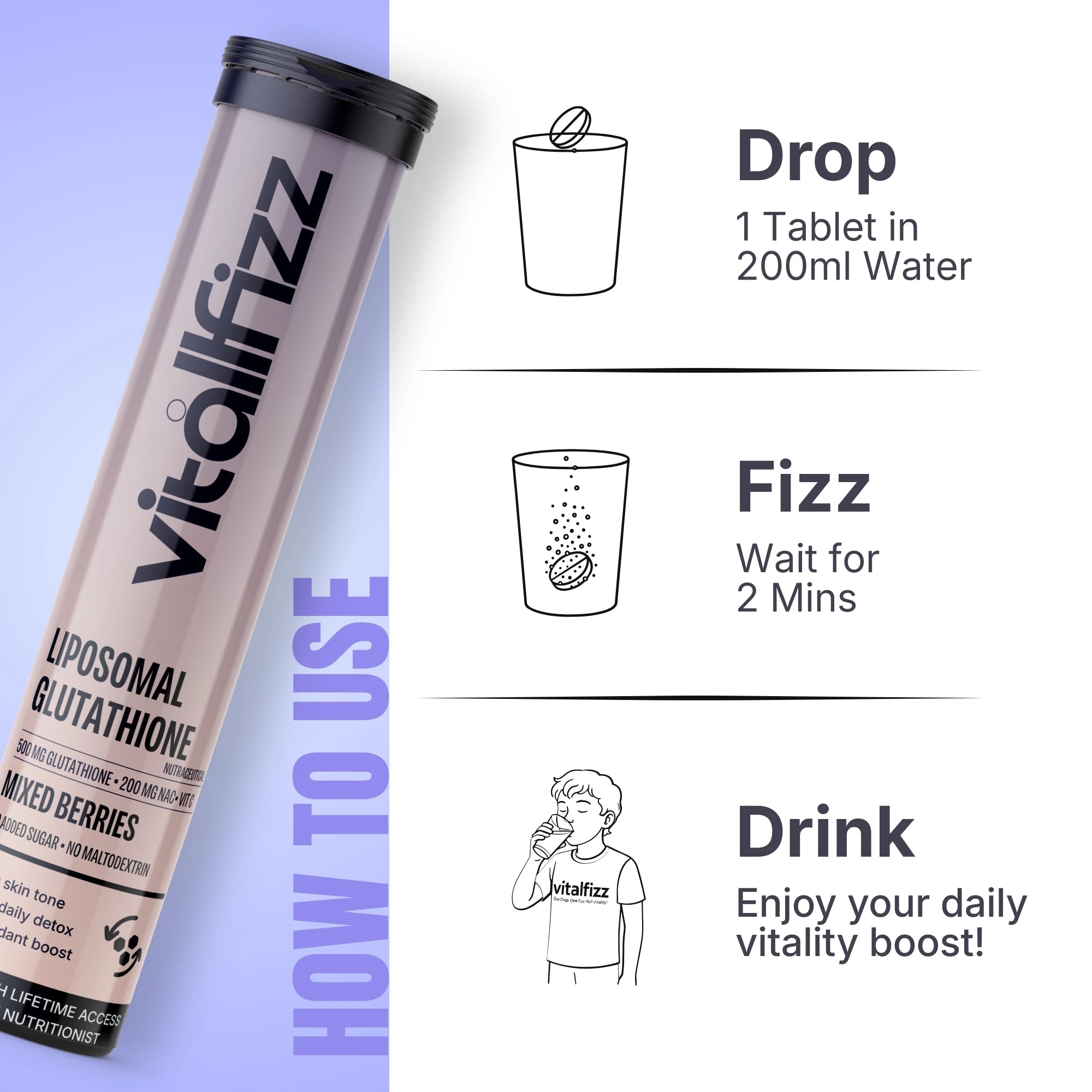 Vitallfizz Liposomal Glutathione | Antioxidant booster | Zero Sugar | Mixed Berry