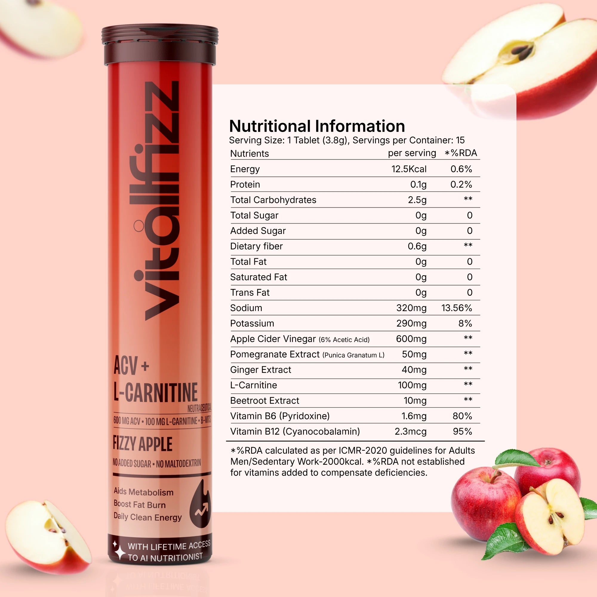 Vitallfizz ACV + L-Carnitine | Metabolism Booster | Zero Sugar | Fizzy Apple