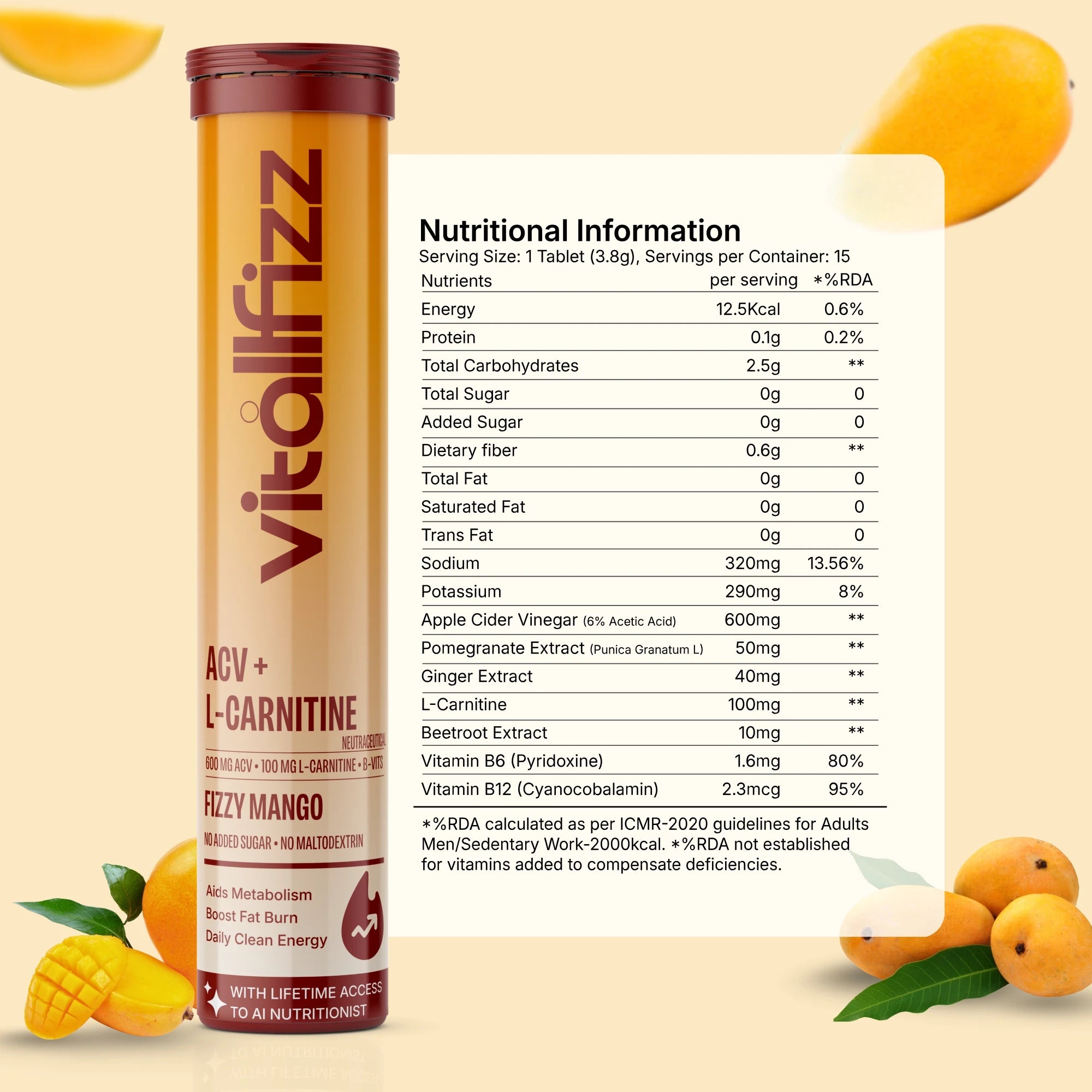 Vitallfizz ACV + L-Carnitine | Metabolism Booster | Zero Sugar | Fizzy Mango