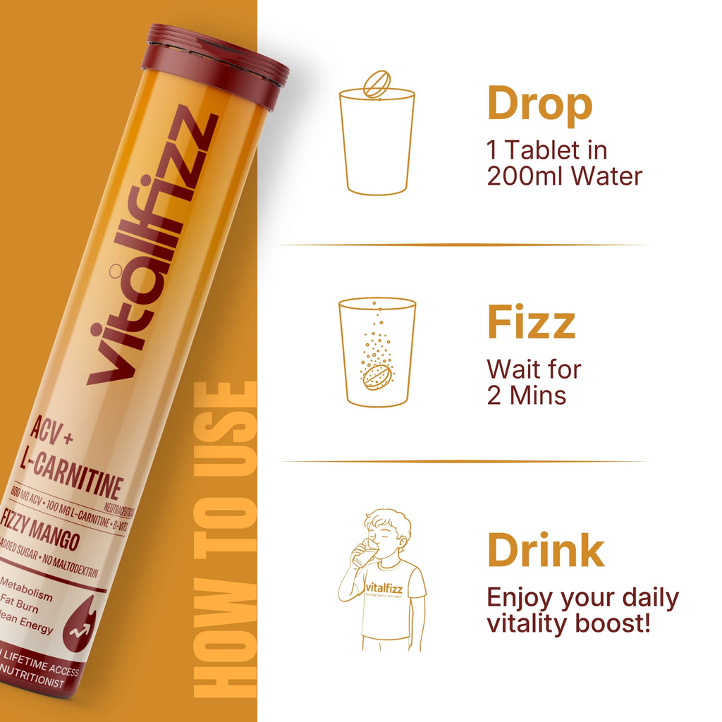 Vitallfizz ACV + L-Carnitine | Metabolism Booster | Zero Sugar | Fizzy Mango