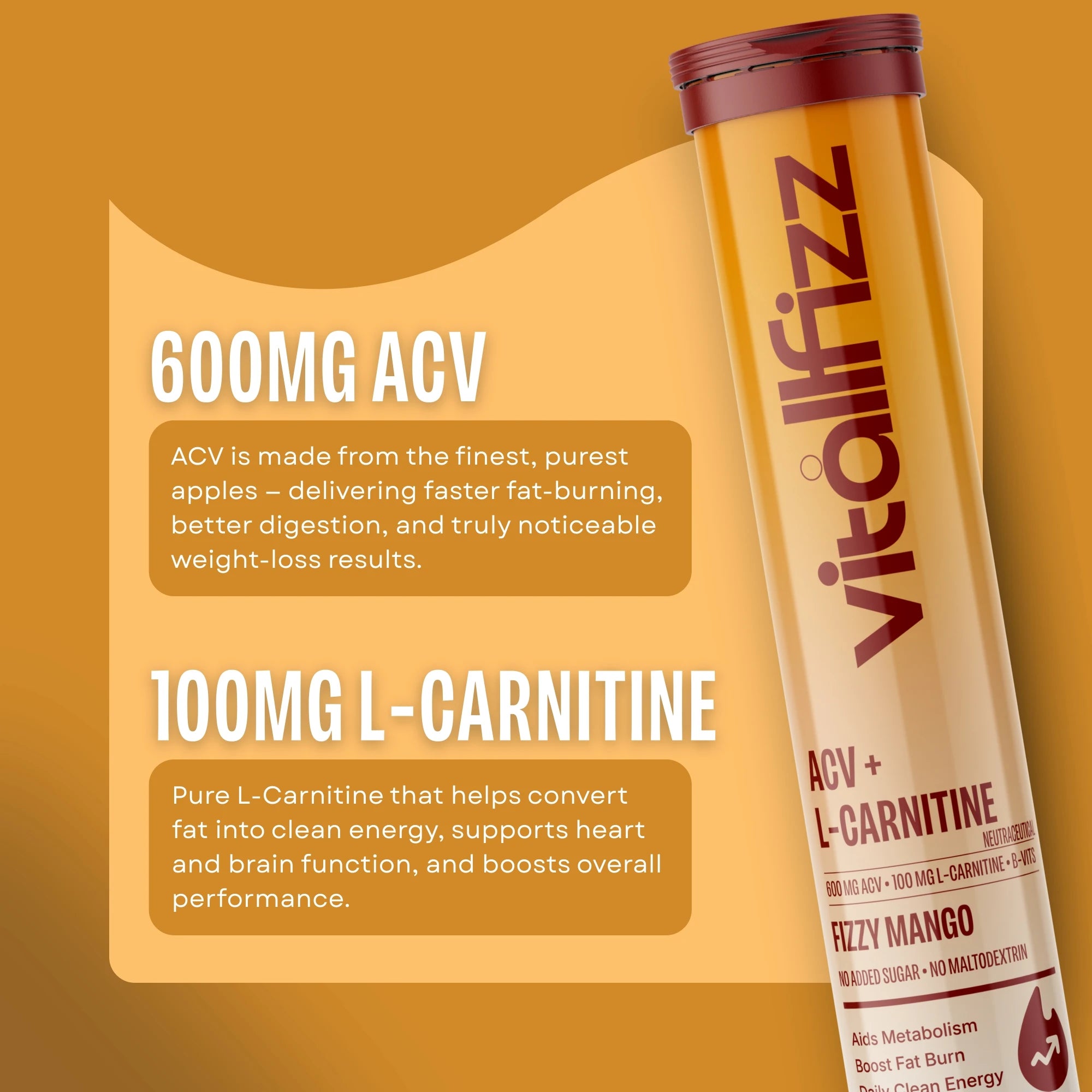 Vitallfizz ACV + L-Carnitine | Metabolism Booster | Zero Sugar | Fizzy Mango