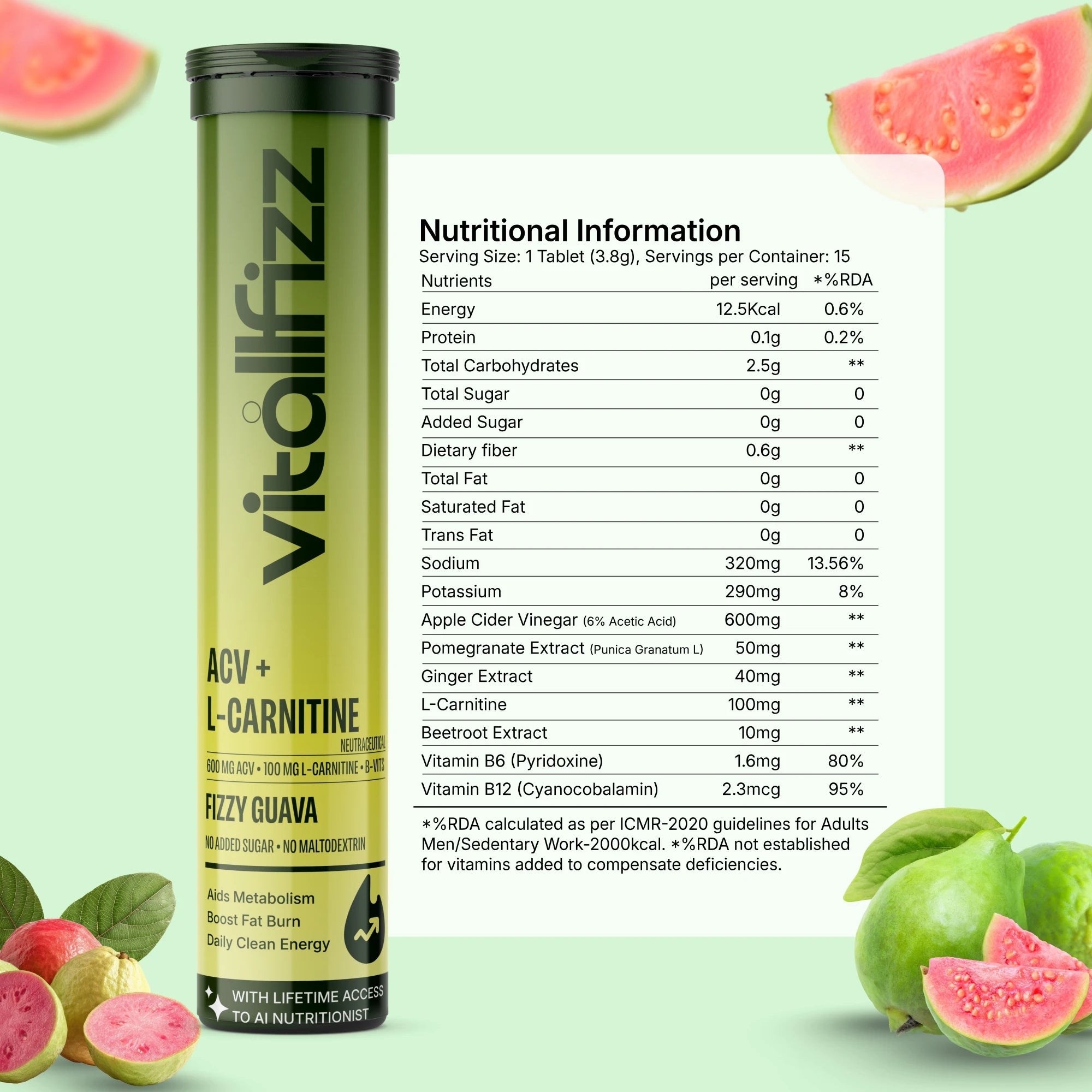 Vitallfizz ACV + L-Carnitine | Metabolism Booster | Zero Sugar | Fizzy Apple