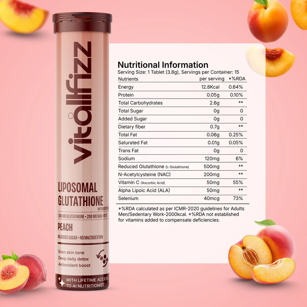 Vitallfizz Liposomal Glutathione | Antioxidant booster | Zero Sugar | Peach