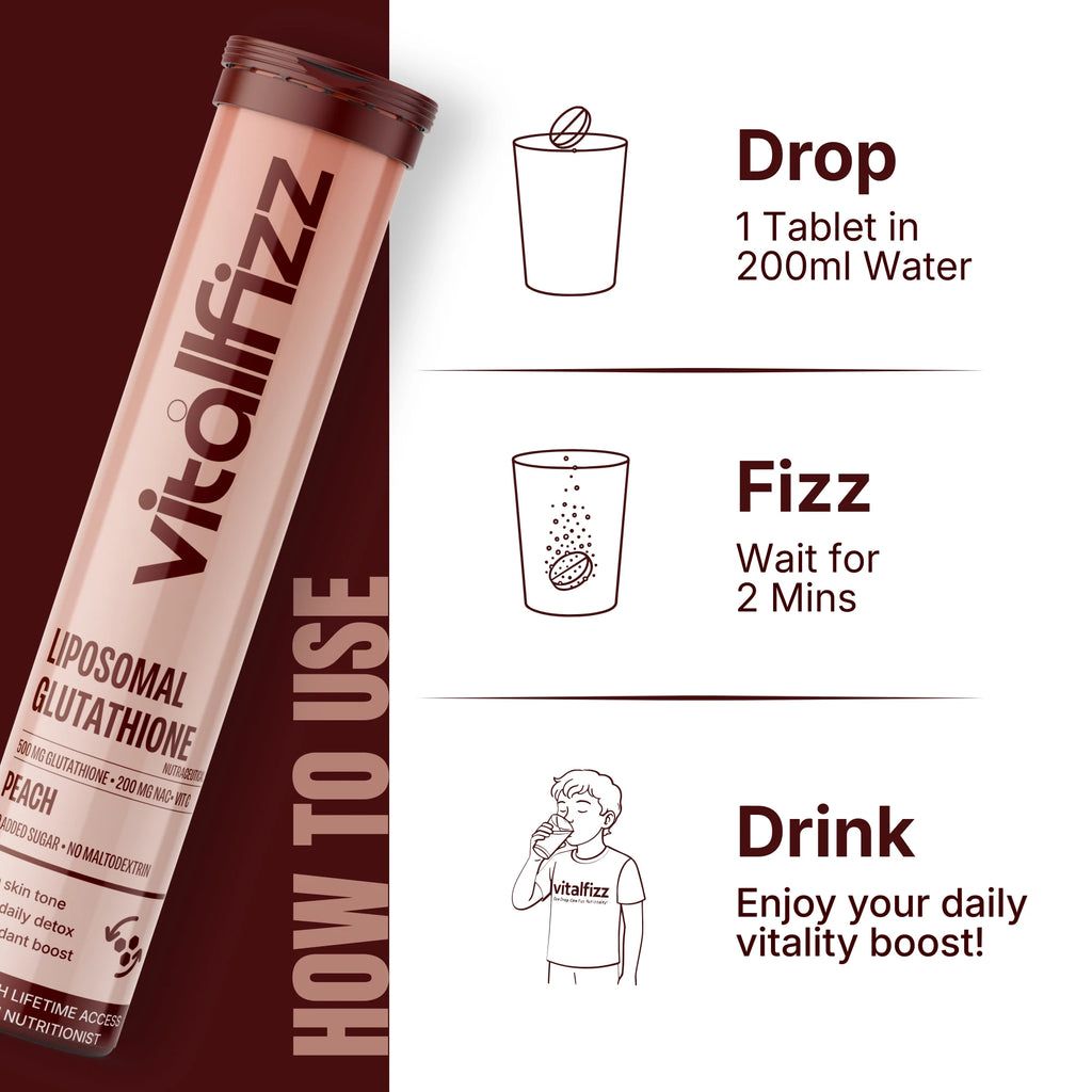 Vitallfizz Liposomal Glutathione | Antioxidant booster | Zero Sugar | Peach