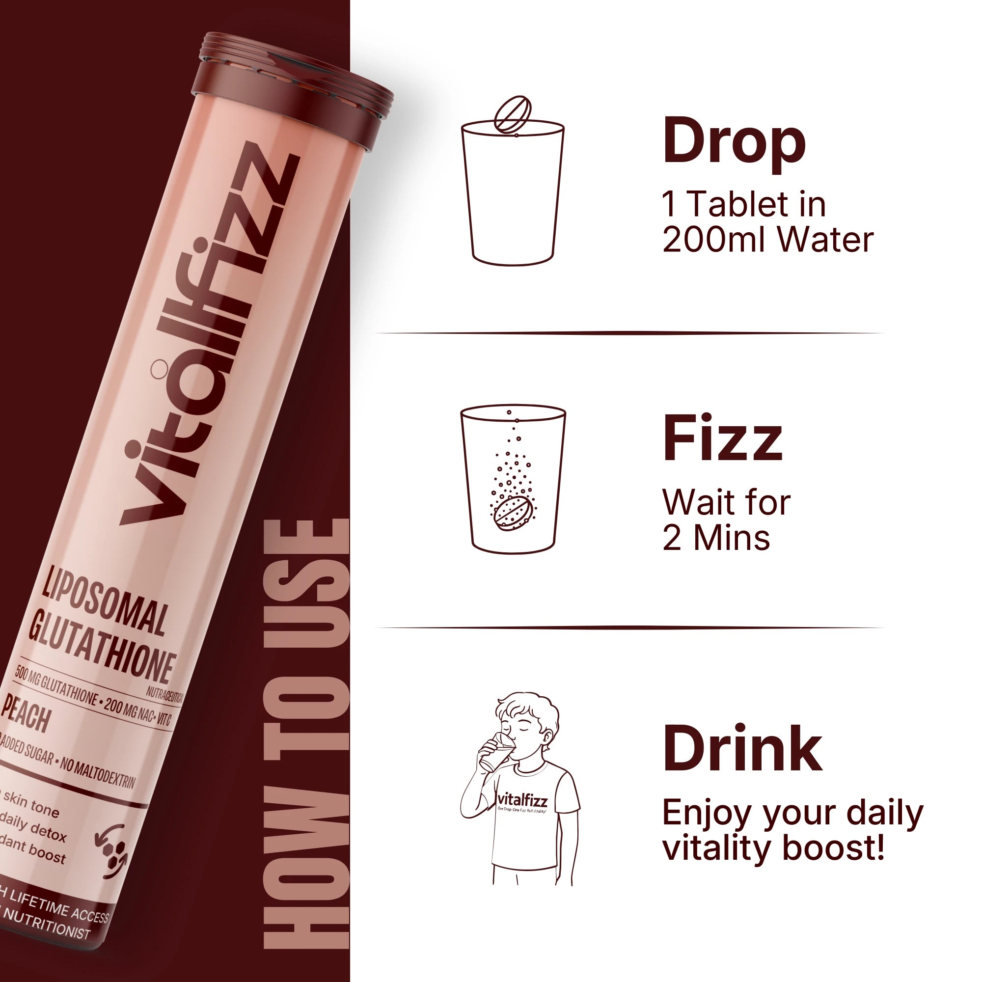 Vitallfizz Liposomal Glutathione | Antioxidant booster | Zero Sugar | Peach